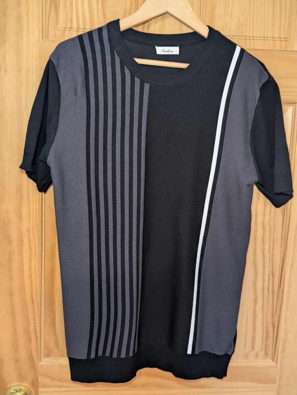 Fashion Mens Black Grey Colorblock Knit Tee Striped Size L